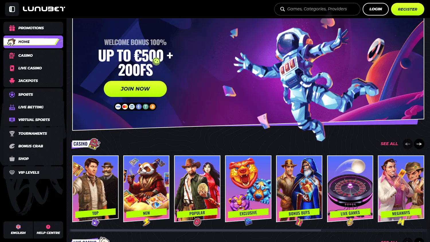 Lunubet Casino desktop home screen