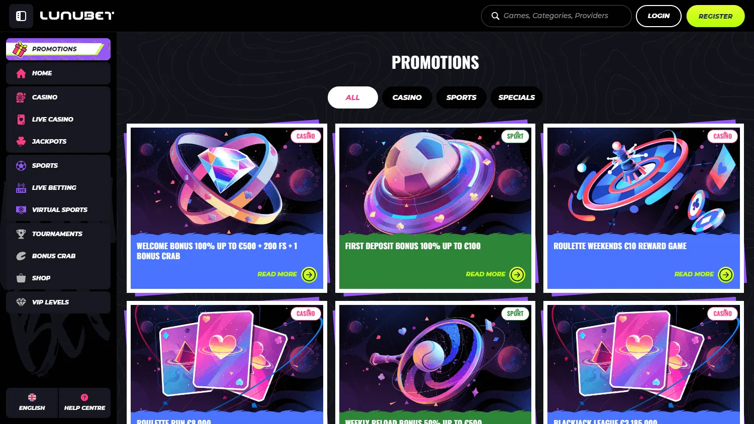 Lunubet Casino desktop promotions screen