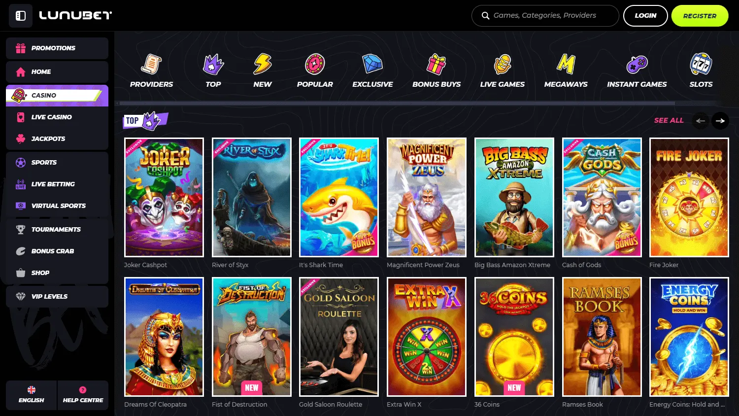 Lunubet Casino desktop games screen